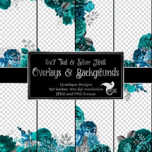 5x7 Teal and Silver Floral Overlays for invitations, planners, journaling, teal flower digital paper and clipart silver overlays