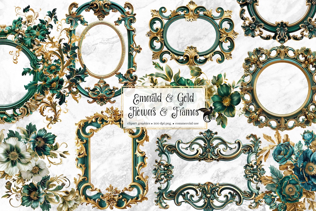 Emerald and Gold Flowers and Frames Clipart, Rococo Valentine ...