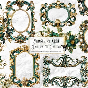 May include: A set of digital clipart graphics featuring ornate frames in shades of emerald green and gold with floral accents. The frames are perfect for adding a touch of elegance to your digital designs.