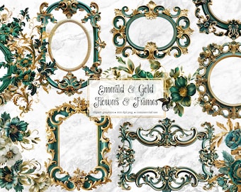 May include: A set of digital clipart graphics featuring ornate frames in shades of emerald green and gold with floral accents. The frames are perfect for adding a touch of elegance to your digital designs.