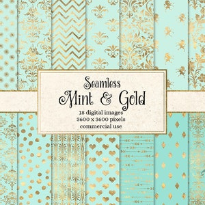 Mint and Gold Digital Paper, seamless gold and mint patterns, foil damask, hearts, lips, polka dots, printable paper backgrounds