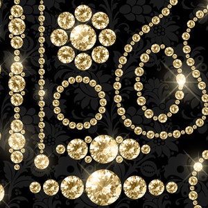 K&ouml;nnte beinhalten: Ein schwarzer Hintergrund mit floralem Muster ist mit funkelnden, goldfarbenen, diamantartigen Verzierungen geschm&uuml;ckt. Das Design umfasst Str&auml;nge, Kreise und Blumenarrangements aus den Edelsteinen, wodurch eine luxuri&ouml;se und elegante &Auml;sthetik entsteht.