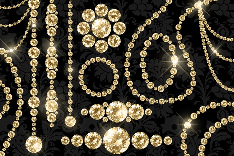 K&ouml;nnte beinhalten: Ein schwarzer Hintergrund mit floralem Muster ist mit funkelnden, goldfarbenen, diamantartigen Verzierungen geschm&uuml;ckt. Das Design umfasst Str&auml;nge, Kreise und Blumenarrangements aus den Edelsteinen, wodurch eine luxuri&ouml;se und elegante &Auml;sthetik entsteht.
