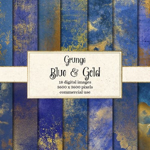 Grunge Blue and Gold digital paper, distressed gold textures, printable scrapbook paper with gold foil and grungy purple rustic background