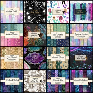 May include: A collection of digital papers and clip art featuring mermaid themes. The image showcases various designs, including vintage, pastel, nautical, and glitter patterns. Each design is labeled with text such as "Vintage Mermaid," "Mermaid Clip Art," and "Ocean Dreams."