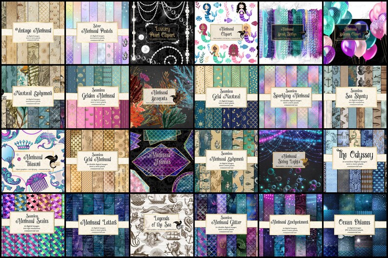 May include: A collection of digital papers and clip art featuring mermaid themes. The image showcases various designs, including vintage, pastel, nautical, and glitter patterns. Each design is labeled with text such as "Vintage Mermaid," "Mermaid Clip Art," and "Ocean Dreams."