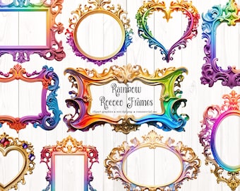 Rainbow Rococo Frames Clipart – Vintage Baroque Graphics (Digital Download)