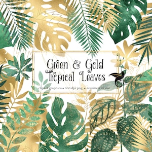 Groene en gouden tropische bladeren clipart, bladgoud tropisch blad PNG clip art graphics en frame instant download voor commercieel gebruik