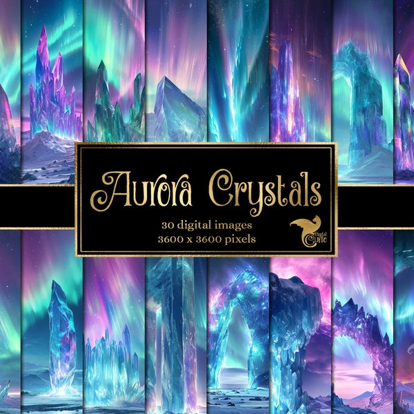 Aurora Crystals Digital Paper, celestial digital paper fantasy scrapbook pages printable paper instant download