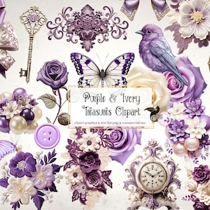 Clipart de tesouros roxo e marfim, clipart digital png botões e arcos gráficos rústicos e gastos