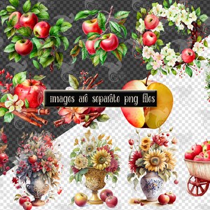 May include: A watercolor illustration set featuring various autumnal elements, including apples, flowers, a jar of honey, cinnamon sticks, and a wagon filled with apples. The images are separate PNG files.