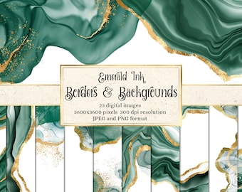 Emerald Green and Gold Foil Digital Paper, Borders (Digital Download)
