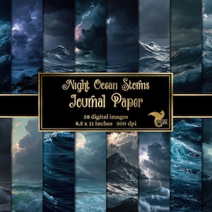May include: A collection of 38 digital images depicting night ocean storms. The images showcase dramatic waves, dark clouds, and lightning strikes. The text on the image reads "Night Ocean Storms Journal Paper" and the dimensions are 8.5 x 11 inches at 300 dpi.