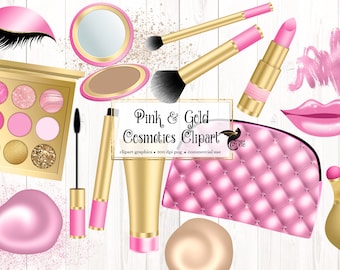 May include: Pink and gold cosmetics clipart graphics.  The set includes a makeup palette, lipstick, mascara, foundation, brushes, a makeup bag, and a perfume bottle.