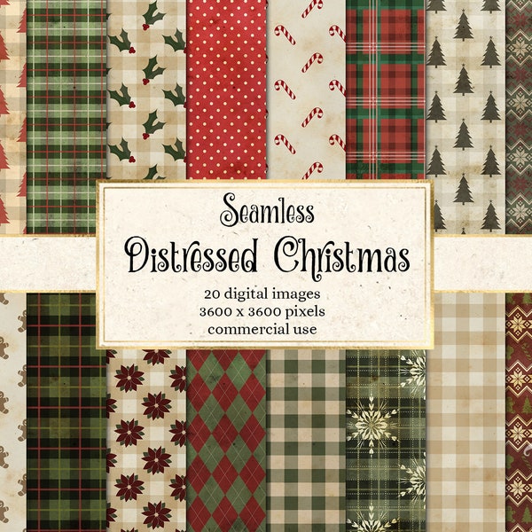 Distressed Christmas Digital Paper - seamless holiday patterns printable scrapbook paper instant download for commercial use