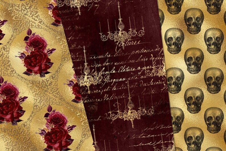 Gold Gothic Digital Paper, Skull Damask Halloween Scrapbook Paper ...