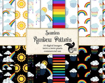 Rainbow Seamless Pattern Digital Paper, Clouds, Sun (Digital Download)