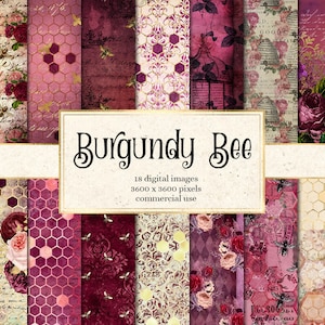 Burgundy Bee Digital Paper - vintage honingbij efemere achtergronden afdrukbaar plakboekpapier voor commercieel gebruik