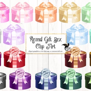 May include: Set of 18 round gift boxes with various colors and ribbon designs. The boxes are decorated with bows and ribbons in shades of pink, purple, blue, green, gold, and silver.  The text "Round Gift Box Clip Art" is displayed in the center of the image.