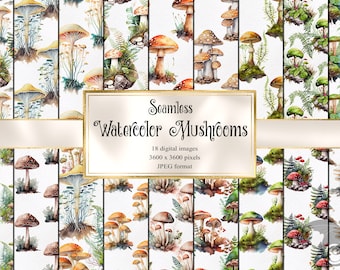 May include: A set of 18 digital seamless watercolor mushroom patterns. Each pattern features a variety of mushrooms in different colors and sizes, including red, brown, white, and yellow. The mushrooms are depicted in a realistic style, with intricate details and textures. The patterns are perfect for creating unique and whimsical designs for a variety of projects.