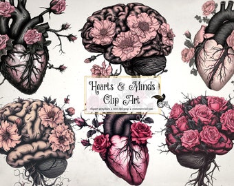 Hearts and Minds Clipart - anatomical brains and hearts clip art graphics and collage sheets for altered art junk journals instant download