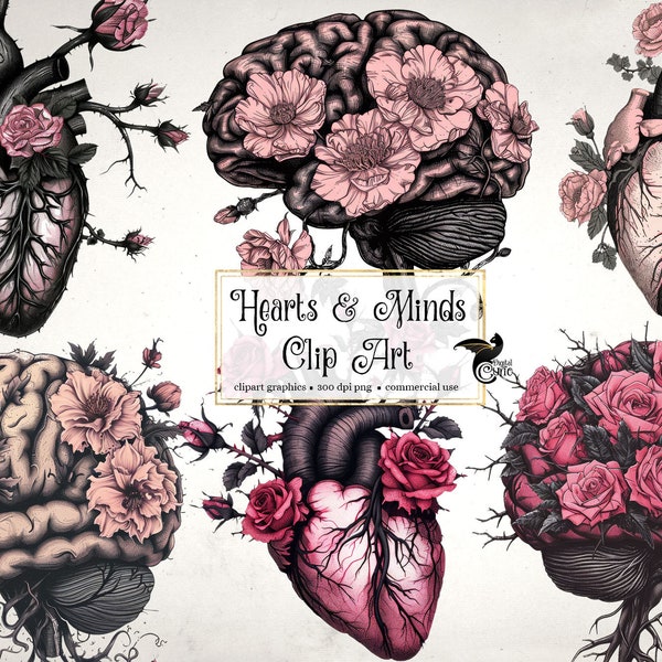 Hearts and Minds Clipart - anatomical brains and hearts clip art graphics and collage sheets for altered art junk journals instant download