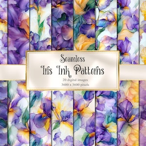 May include: Seamless Iris Ink Patterns digital images. The image features a collection of watercolor-style floral designs in shades of purple, yellow, and white. The text on the image reads "Seamless Iris Ink Patterns" with details about the number of images and pixel dimensions.