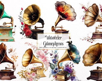 Watercolor Gramophone Clipart - vintage floral shabby music PNG format instant download for commercial use