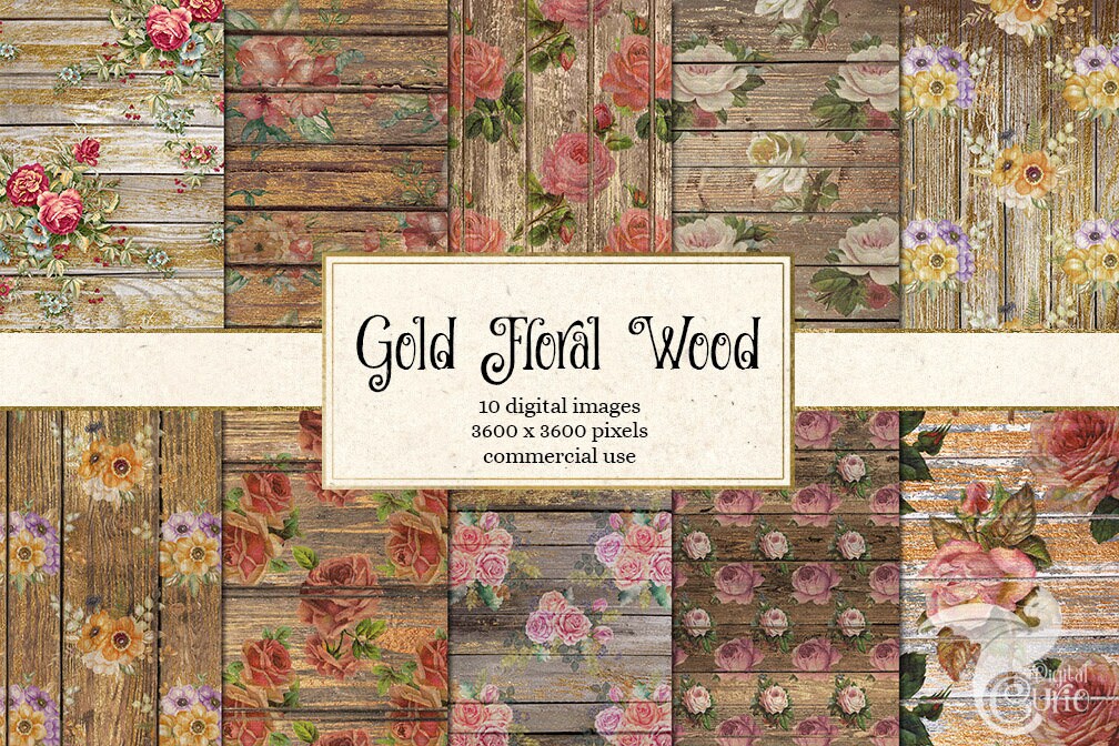 Download Gold Wood and Floral Digital Paper Backgrounds Gold Paint ...