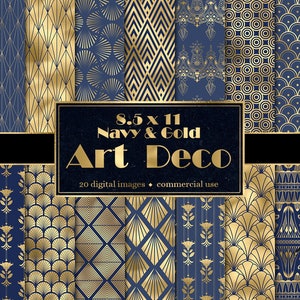 Marine und Gold Art Deco Digitales Papier, 8,5 x 11 Zoll Dekomuster druckbar geometrisch in marine blau sofortiger download für kommerzielle Nutzung