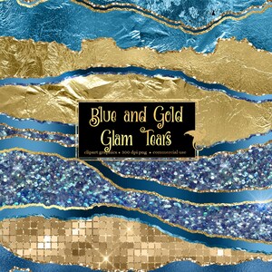 Blue and Gold Glam Tears Clipart - bordi strappati di lusso metallici glitterati e laminati in formato png per uso commerciale