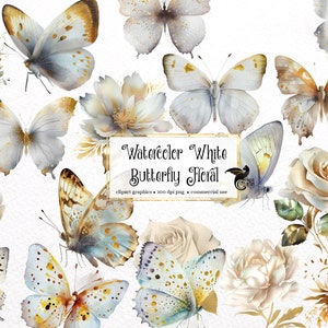 Aquarelle papillon blanc Floral Clipart - papillons et fleurs en téléchargement instantané au format PNG pour un usage commercial