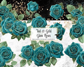 Teal and Gold Rose Clip Art, Glitter Flower PNG (Digital Download)