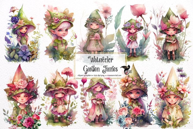 Watercolor Garden Fairy Clipart – Floral Fantasy PNG Graphics (digital ...