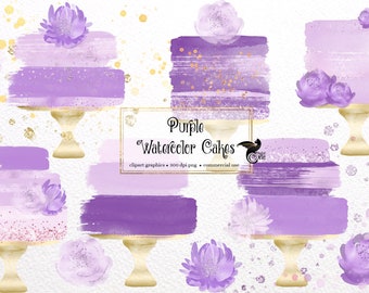 Purple Watercolor Cakes Clip Art with gold glitter, create your own custom graphic in PNG format instant download for commercial use