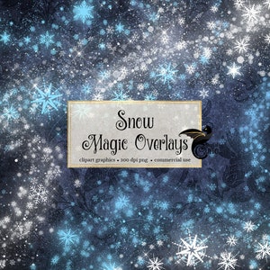 Puede incluir: Una imagen de fondo digital con un patrón de copos de nieve azules y blancos. El texto "Snow Magic Overlays" está en el centro de la imagen. El texto "clipart graphics - 300 dpi png - commercial use" está debajo del título.