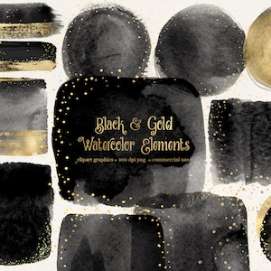 Black and Gold Watercolor Elements Clipart, watercolour frames in black paint digital PNG format instant download for commercial use image 1