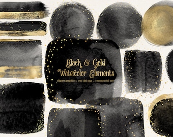 Black and Gold Watercolor Elements Clipart, watercolour frames in black paint digital PNG format instant download for commercial use