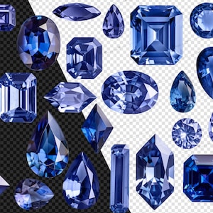 Puede incluir: Una colecci&oacute;n de diversas piedras preciosas azules en diferentes formas y cortes, incluyendo esmeralda, ovalada, pera y redonda. Las gemas se muestran sobre un fondo transparente, mostrando sus facetas y brillo.