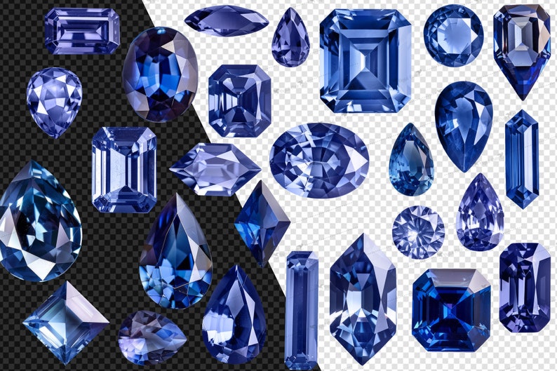 Puede incluir: Una colecci&oacute;n de diversas piedras preciosas azules en diferentes formas y cortes, incluyendo esmeralda, ovalada, pera y redonda. Las gemas se muestran sobre un fondo transparente, mostrando sus facetas y brillo.