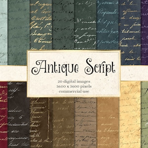 Antique Script Digital Paper, old vintage handwritten letters in antique textures and distressed handwriting backgrounds for commercial use