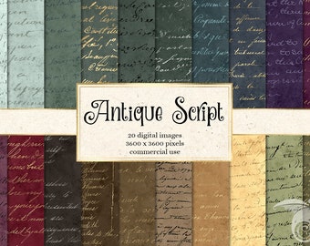 Antique Script Digital Paper, old vintage handwritten letters in antique textures and distressed handwriting backgrounds for commercial use