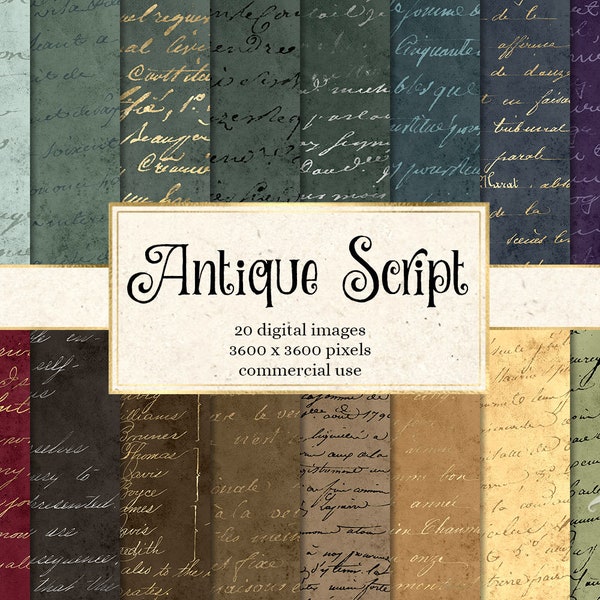 Antique Script Digital Paper, old vintage handwritten letters in antique textures and distressed handwriting backgrounds for commercial use