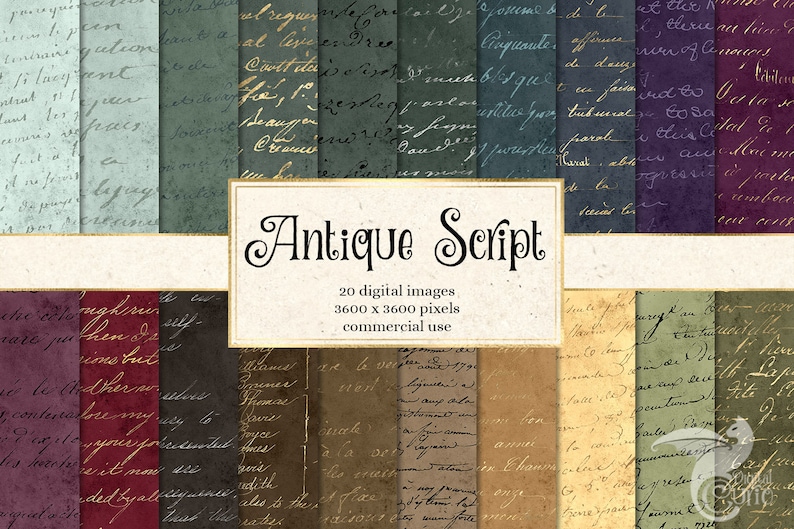 Antique Script Digital Paper, Vintage Handwriting Backgrounds (12x12in ...