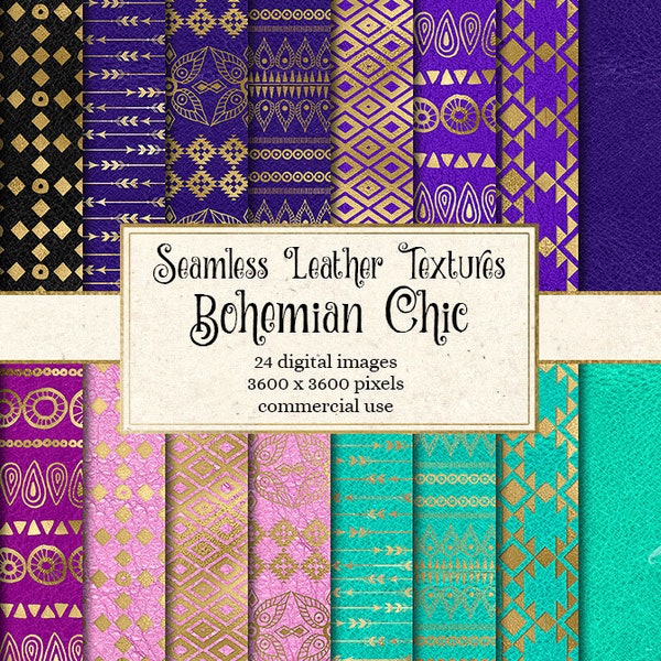 Bohemian Chic Digital Paper, seamless leather textures, gold boho patterns, gold foil tribal textures, instant download commercial use