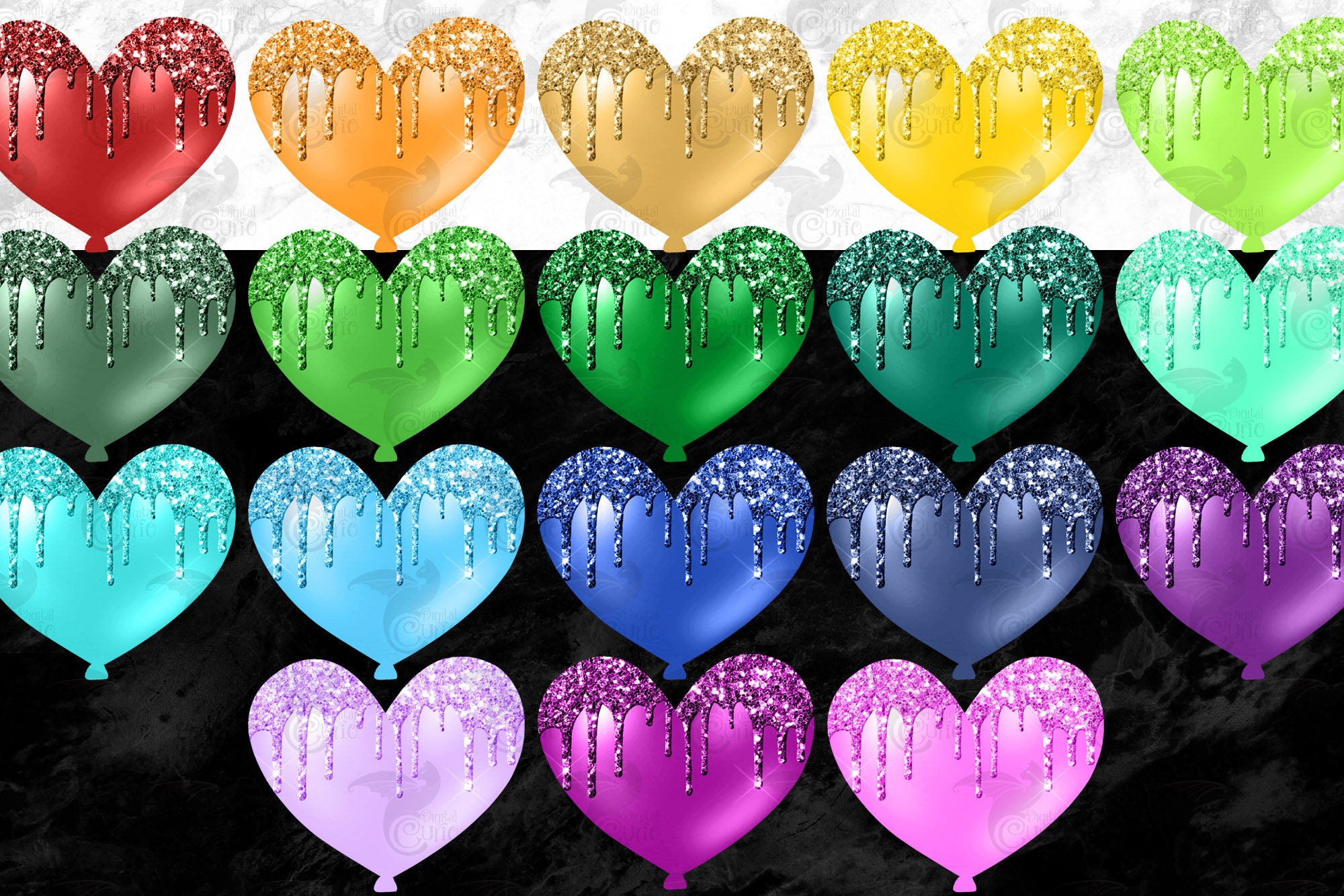 Glitter Drip Heart Balloons Clipart Cute Valentine Balloon Etsy
