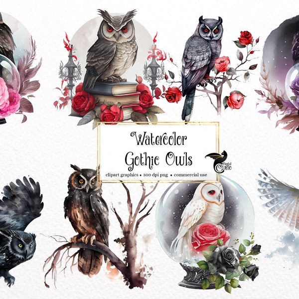 Watercolor Gothic Owls Clipart - dark fantasy watercolor woodland PNG format instant download for commercial use