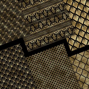 Può includere: Una collezione di sei motivi di carta digitale con disegni geometrici in oro e nero. I motivi includono una varietà di forme, come triangoli, quadrati e cerchi.