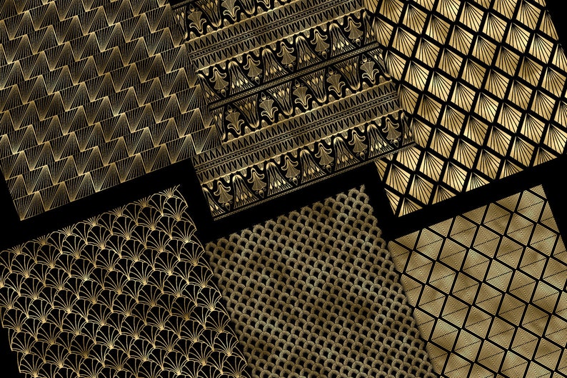 Può includere: Una collezione di sei motivi di carta digitale con disegni geometrici in oro e nero. I motivi includono una varietà di forme, come triangoli, quadrati e cerchi.