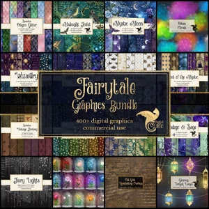 Pacote de gráficos de contos de fadas, clipart e texturas de fantasia, pacote de gráficos de scrapbooking digital, clipart com desconto e papel digital